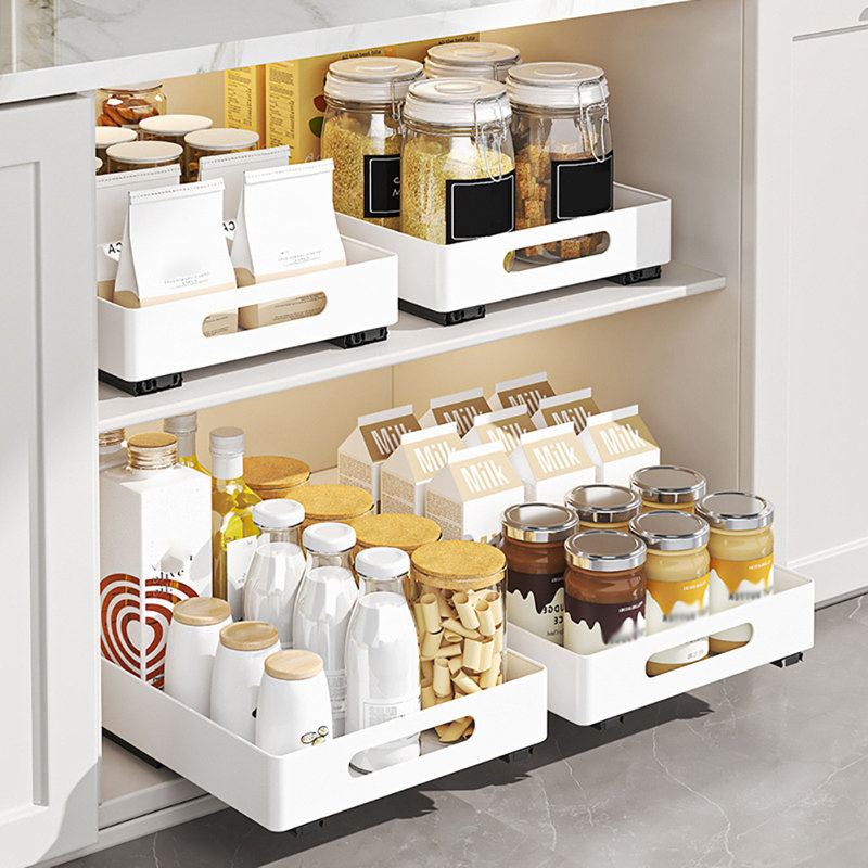 Pull Out Cabinet Organizers 14.5" Deep Slide Out Drawers Fixed with Adhesive Film for Pots, White
