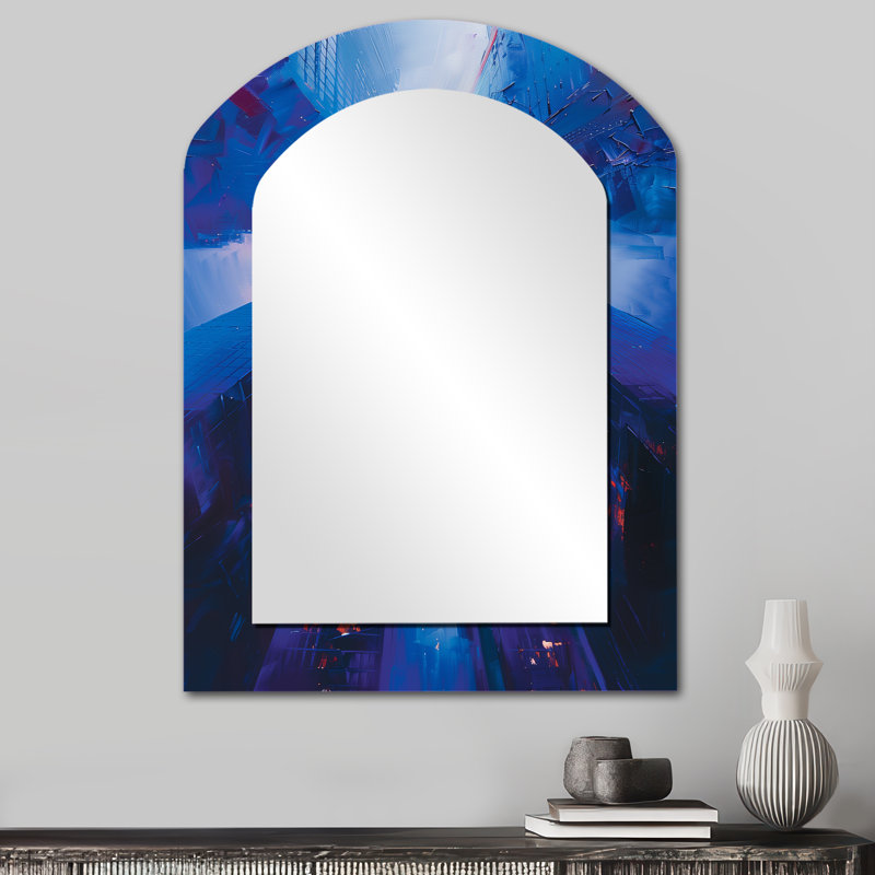 Blue perspective skyscrapers symphony I - Miroir mural asymétrique unique, art industriel, 34 po x 25 po
