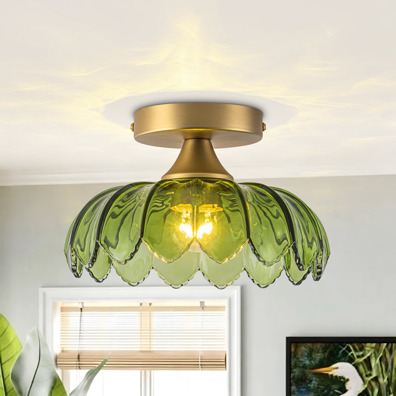 Plafonnier semi-encastré vintage en verre côtelé doré à une lumière, Vert