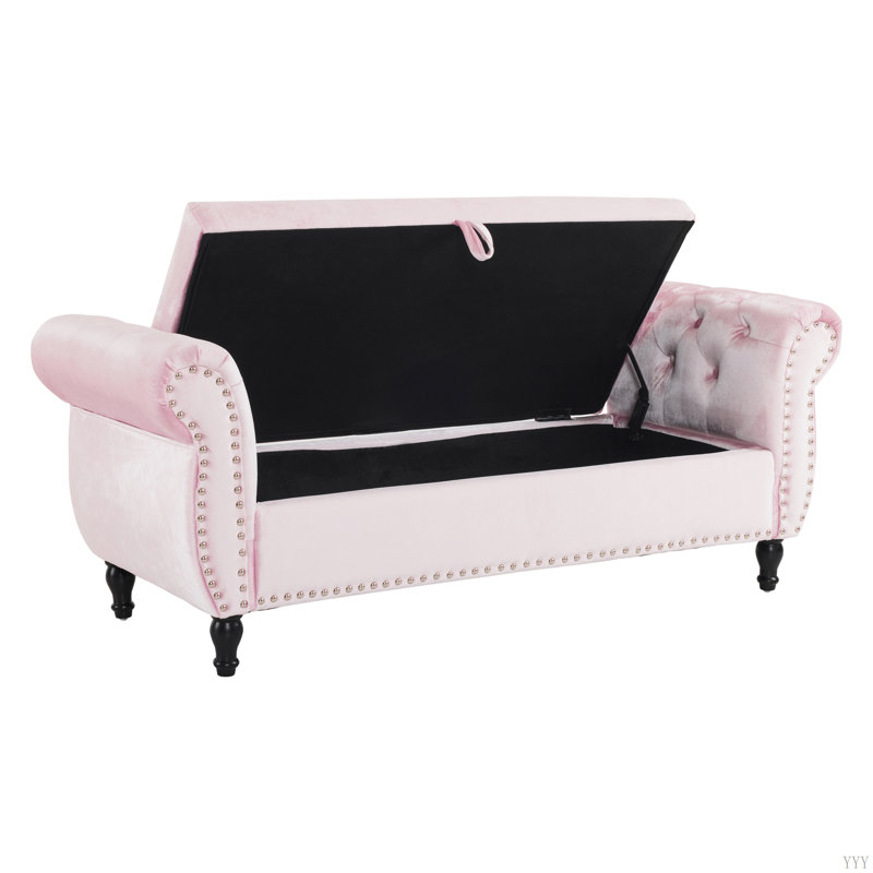 Velvet Multifunctional Storage Rectangular Ottoman Bench With 1 Pillow, Baby Pink