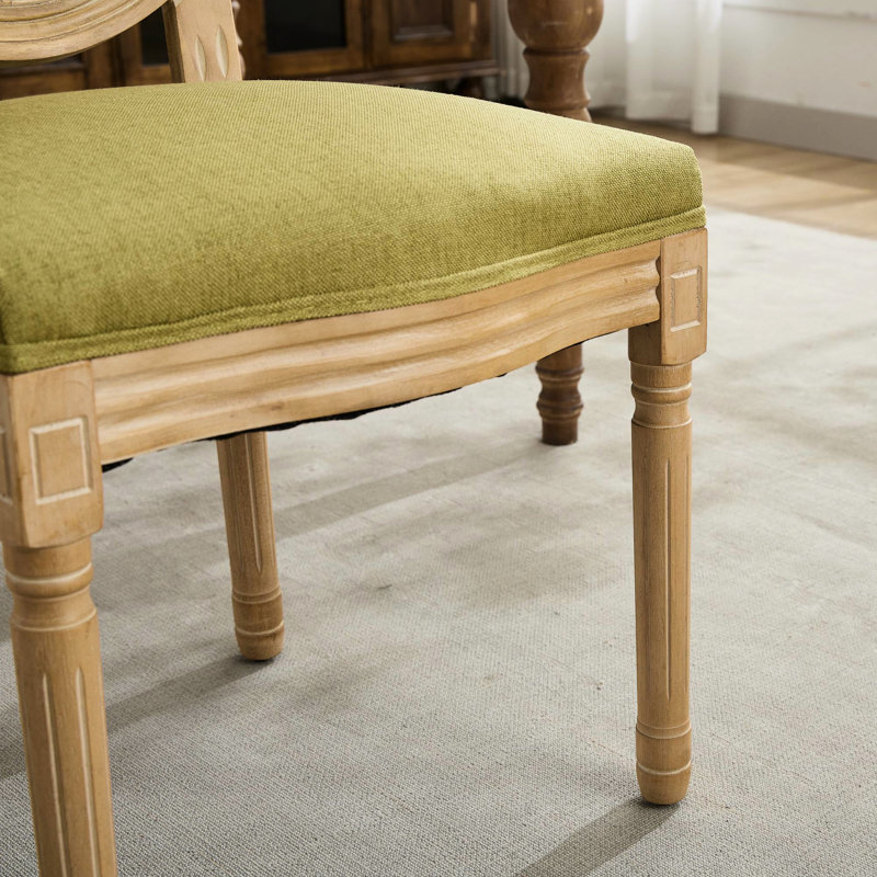 Chaises de salle à manger de style français antique, structure en hévéa massif peint, couleur olive, dossier en lin, pour un confort optimal et une expérience agréable pour 2 personnes.