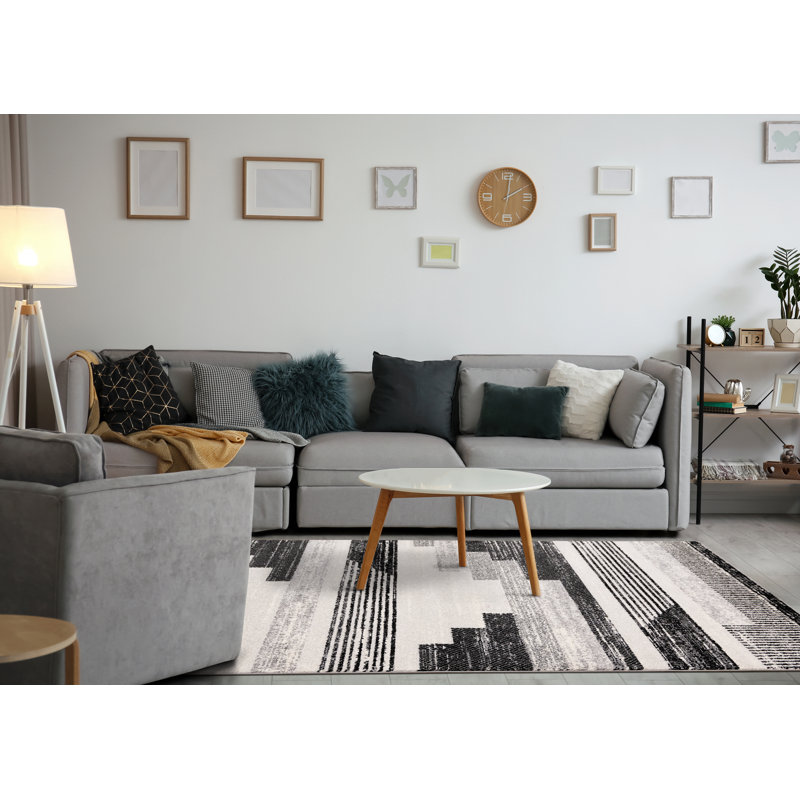 Tapis à branches tribales / Sud-Ouest, rayé 5 pi x 8 pi (5 pi 3 po x 7 pi 7 po), blanc contemporain contemporain - salon, chambre à coucher, salle à manger et cuisine