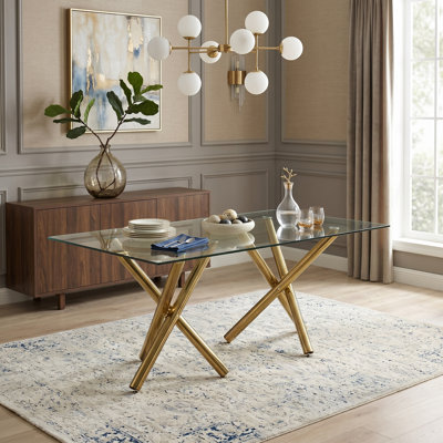 Adella Modern 71" Rectangular Clear Tempered Glass Dining Table with Double X-Shaped Gold Metal Base, Seats 6