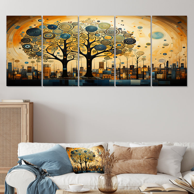 Art mural en spirale Art nouveau Pittoresque Town II - arbre, art mural 5 pièces, H 32 po x l 80 po