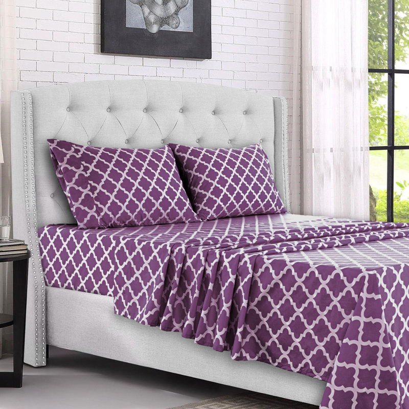 Lux Decor Collection 4 Pc Soft Microfiber Bed Sheets Set Geometric Quatrefoil Bedding, King Sheet Set with 2 Pillowcases