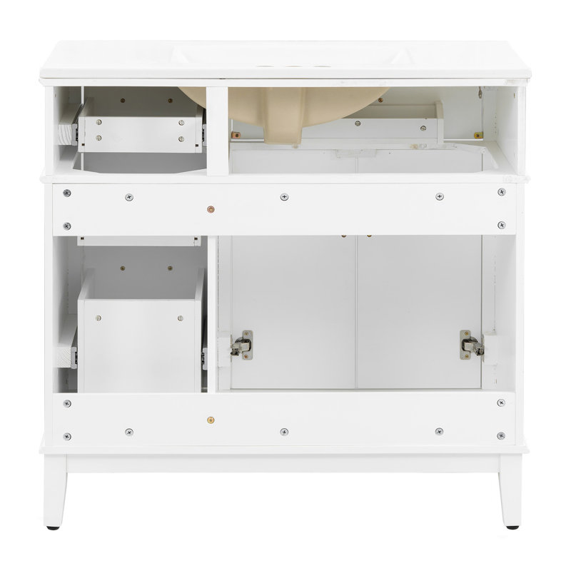Meuble-lavabo moderne de 36 po avec lavabo en céramique blanc, porte à fermeture en douceur et 4 tiroirs de rangement, offrant un look raffiné avec une fonctionnalité pratique au quotidien.