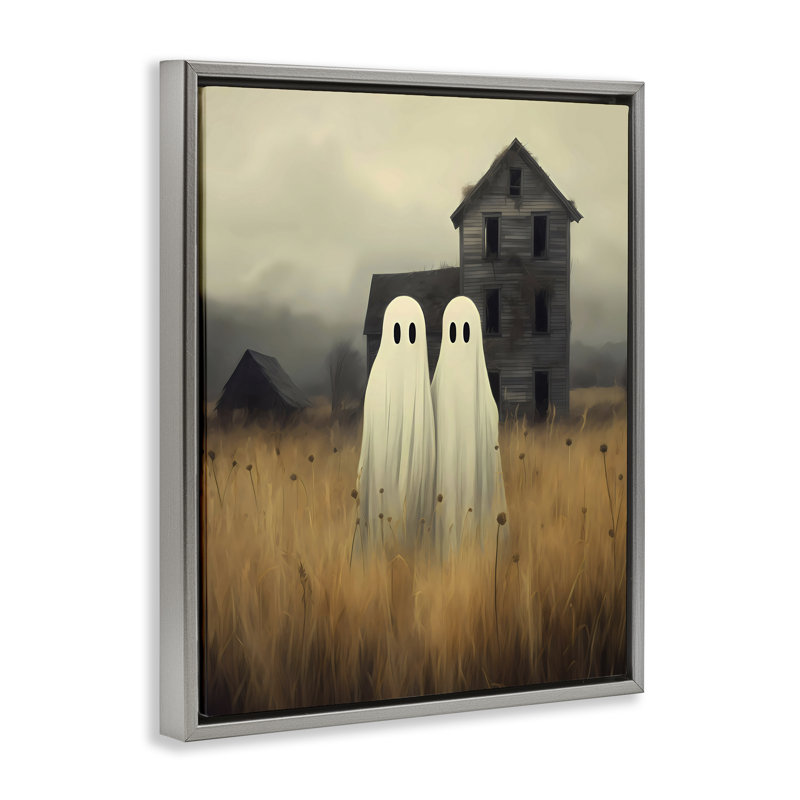 Cadre flottant Spooky Farmhouse Ghost Duo, design par LSR Design Studio, Cadre flottant gris lustré, H 31 po x l 25 po