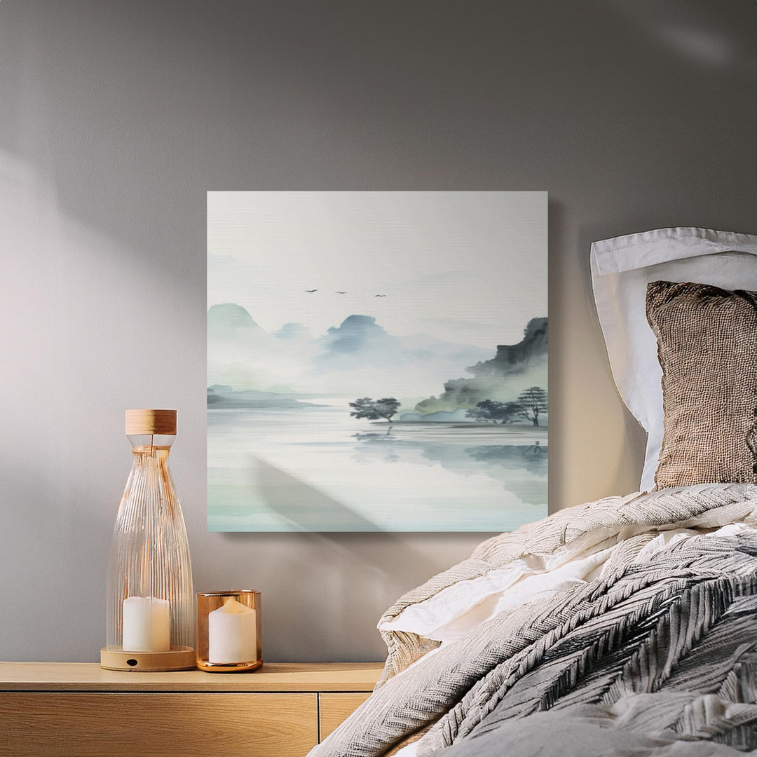 Zen Misty Mountain Lake Canvas Print, Tranquil Asian Landscape Wall Art, Serene Home Decor, Minimalist Japandi Office Gift