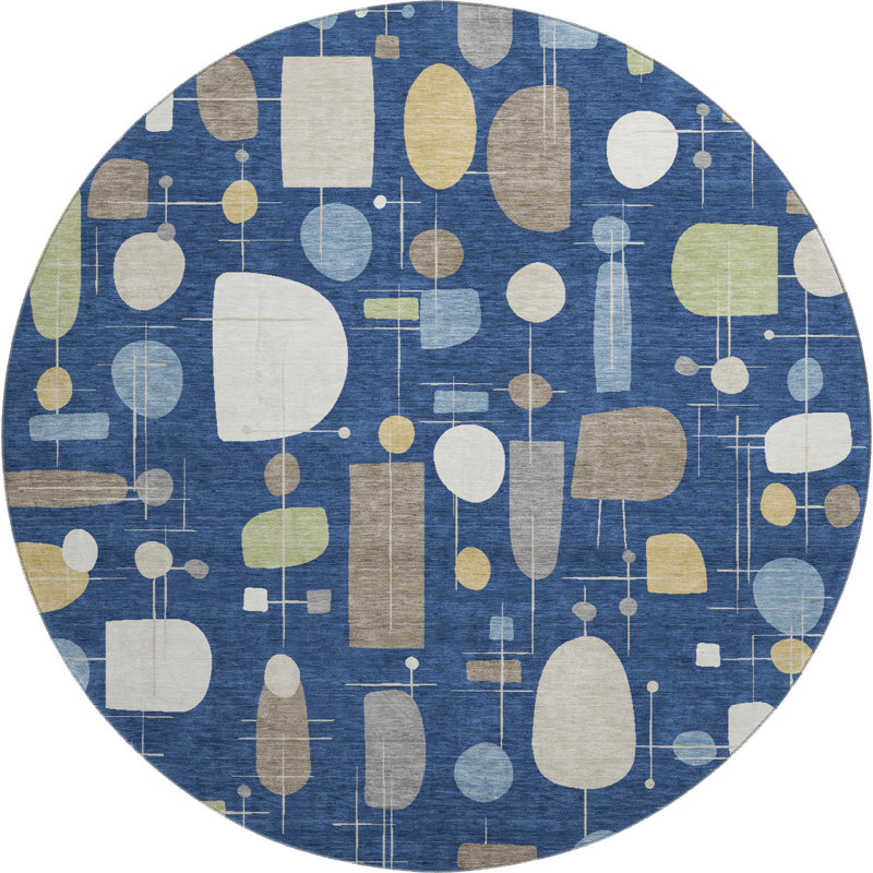 Premium Machine Washable Mayfield AMF2393 Geometric Rug, Navy, 8' Round