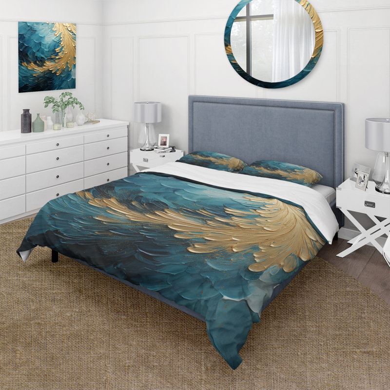 Ensemble de housse de couette Gold Teal Ocean Spiral I - Abstract Spirals, Housse de couette pour grand lit et 2 taies décor