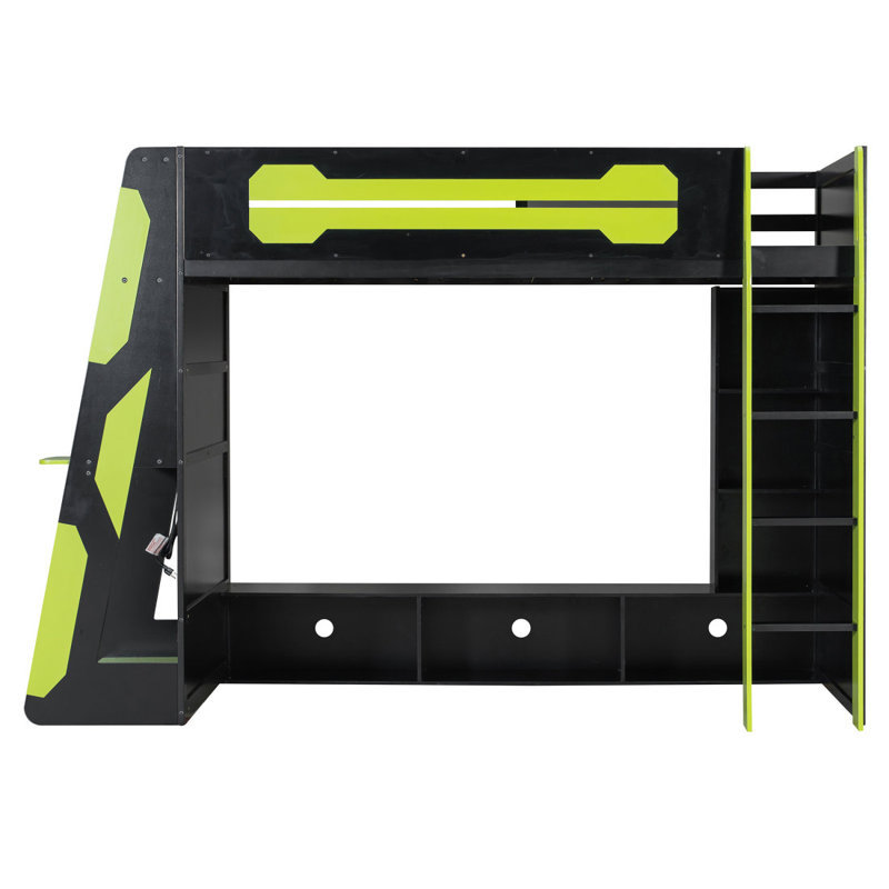 Lit mezzanine simple en bois avec bureau, tablettes multiples et lumière RVB, vert, Lit simple, Vert