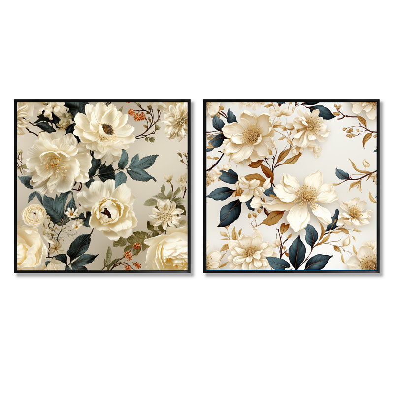 Anjou délicat d'inspiration botanique - ensemble de collage carré floral de 2, Cadre flottant noir, H 30 po x l 61 po