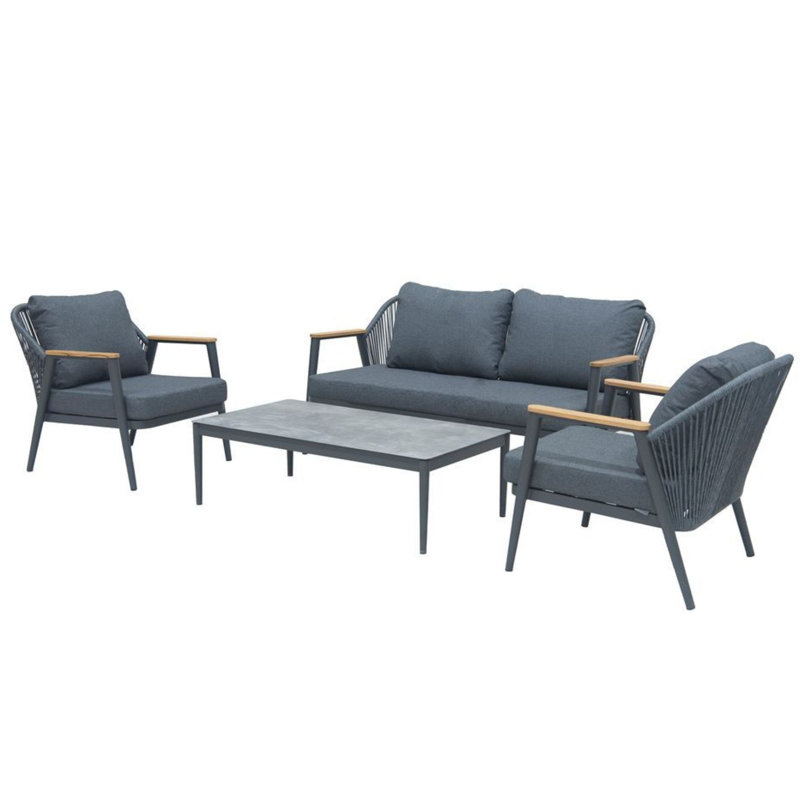 Antibes 2 Seater Sofa with Rectangle Coffee Table & 2 Armchairs, Grey Cushion/Black Frame