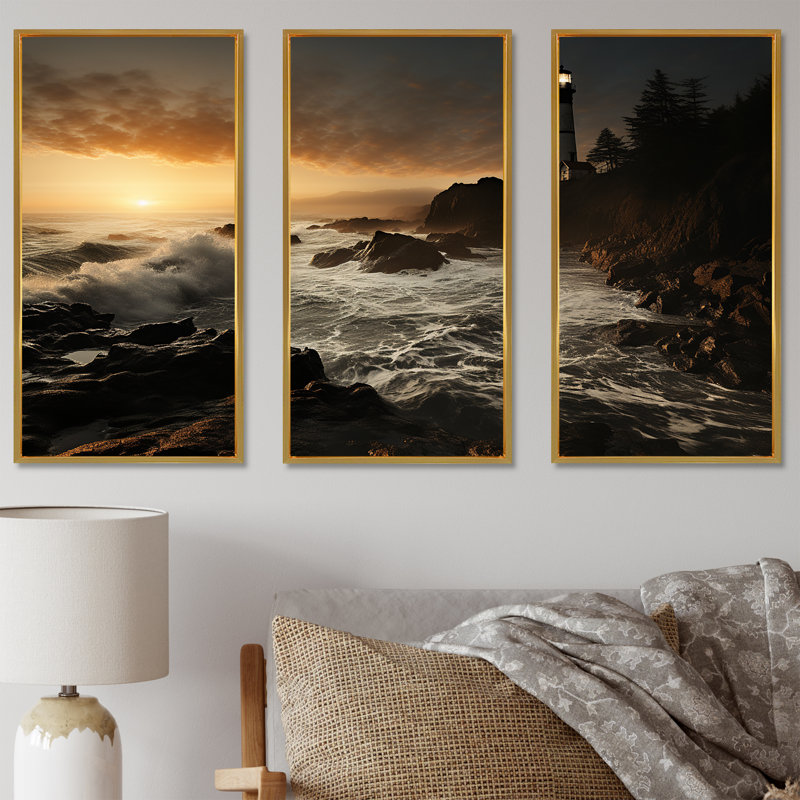«Coastal Light House Panorama», ensemble de reproduction d'art mural, Cadre flottant doré, H 28 po x l 36 po x P 1 po