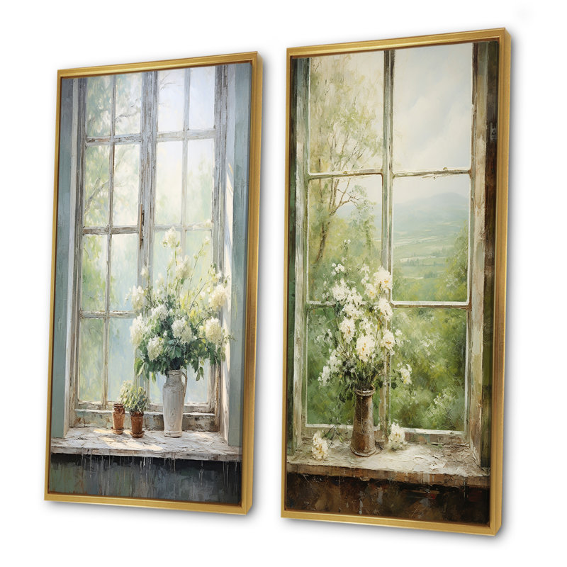 «Countryside Calm Blooms Farm Windows I», ensemble de 2 impressions sur toile, Encadrement doré, H 32 po x l 33 po