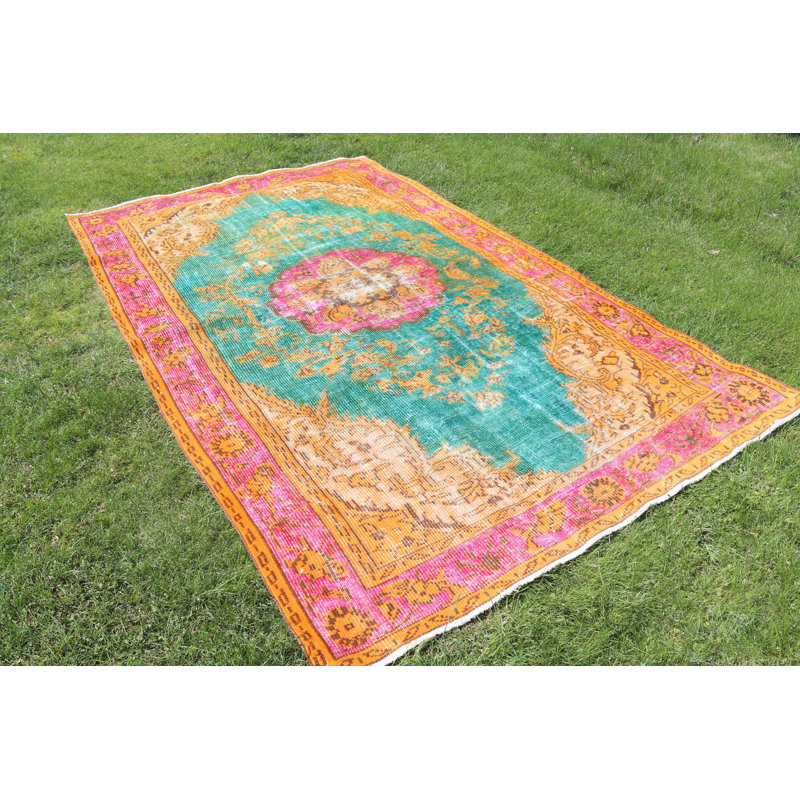 Tapis turc antique sculpté: grand tapis de chambre en laine orange avec motif rétro