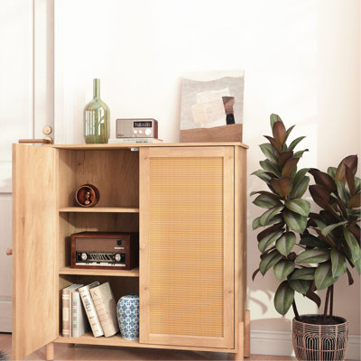 Woven Door Adjustable Shelf Storage In Mid - Century Design For Living Room Display And Storage. 34.6 Tall, 43.2 Lb Package Weight, Particle Board Mod