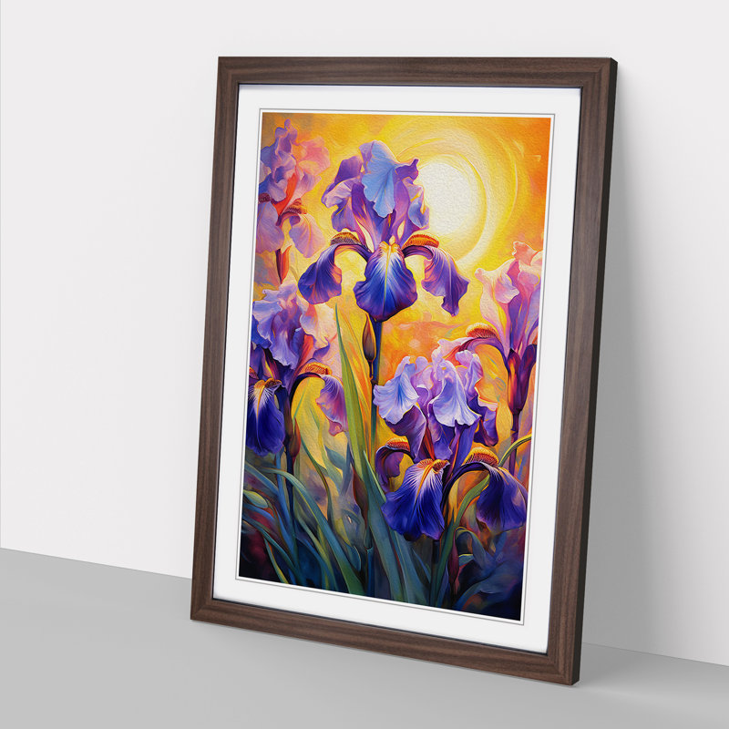 Iris Flower Impressionism No.3 - Single Picture Frame Print on Wood, 46cm H x 34cm W x 2cm D, Walnut