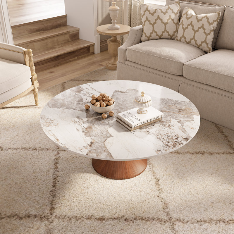 Mid-Century Modern Stone Marble Effect Round Coffee Table Solid Wood Pedestal Table For Living Room & Home Decor