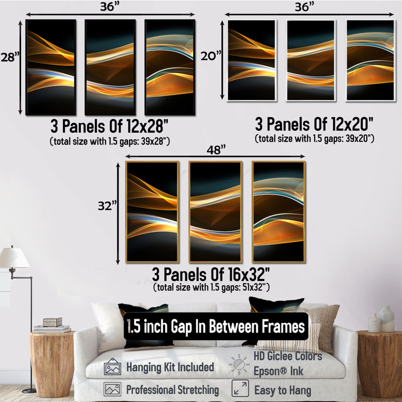 Vagues 3D dorées en noir - ensemble de 3 toiles abstraites encadrées, H 28 po x l 36 po x P 1 po, Cadre blanc