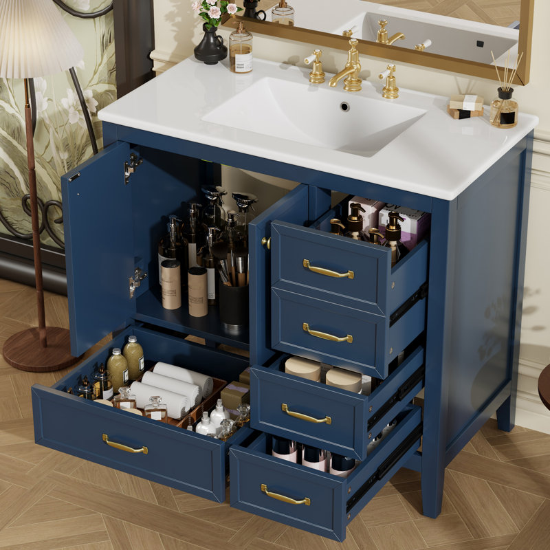 Meuble-lavabo simple 36 po avec comptoir en céramique 36 po, Bleu