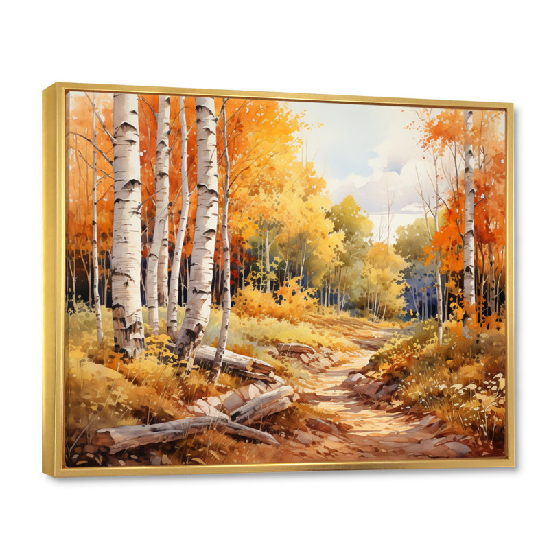 Birch Woods Gilded Pathway II - Imprimé, H 34 po x l 44 po x P 1,5 po, Cadre flottant doré