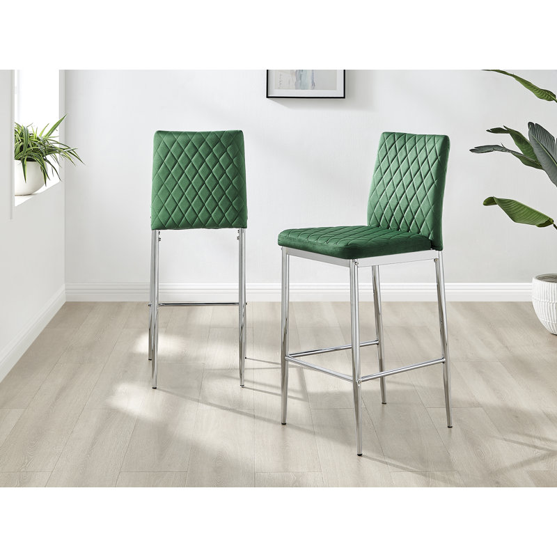 Kenesaw Luxury Breakfast Bar Stool in Quilted Design Velvet Leg - Modern Chic Kitchen, Green, Silver