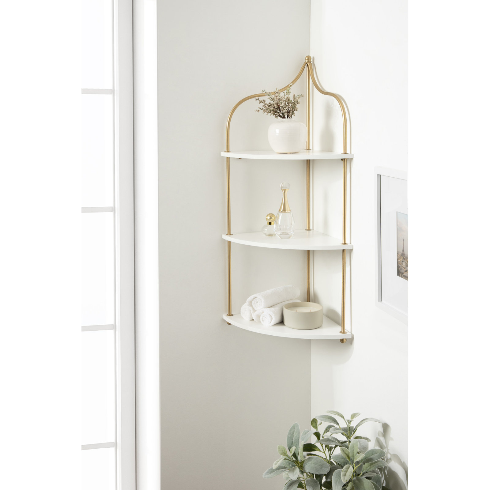 17" Corner Shelf, White/Gold