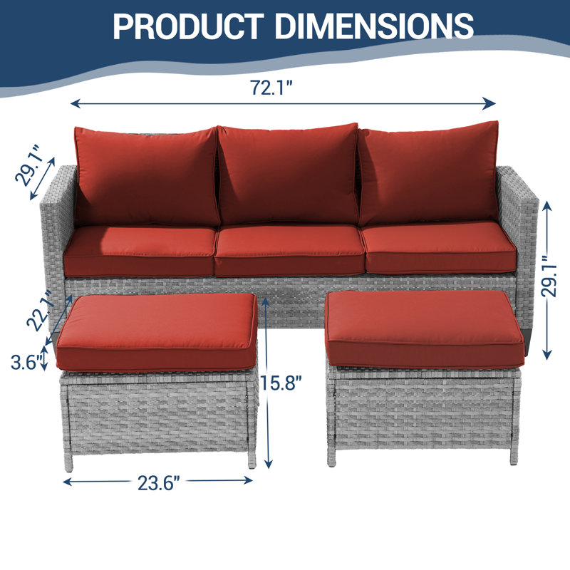 Balcom 3 - Person Patio Conversation Set with Cushions, Gray, Red