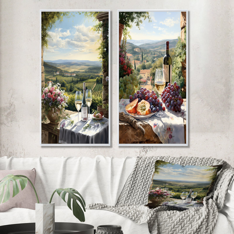 «Vineyard Romantic Charm Landscape», ensemble de 2 impressions sur toile Vineyard, H 28 po x l 25 po, Cadre flottant blanc