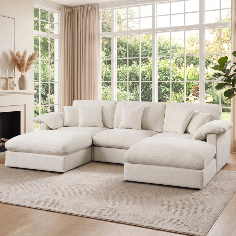 Canapé d'angle surdimensionné avec deux chaises, Beige Fabric