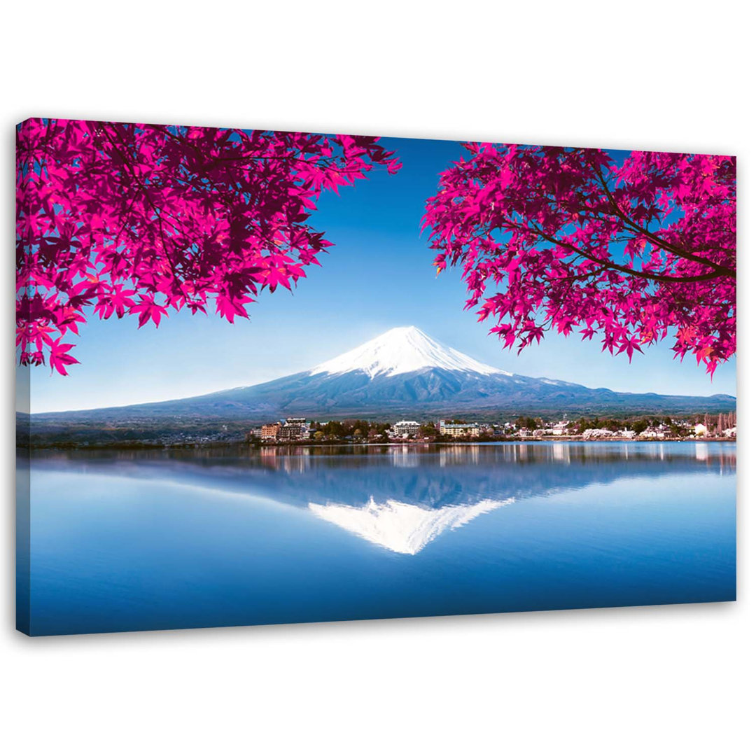 Leinwandbild Berg Fuji, See und rosa Blätter