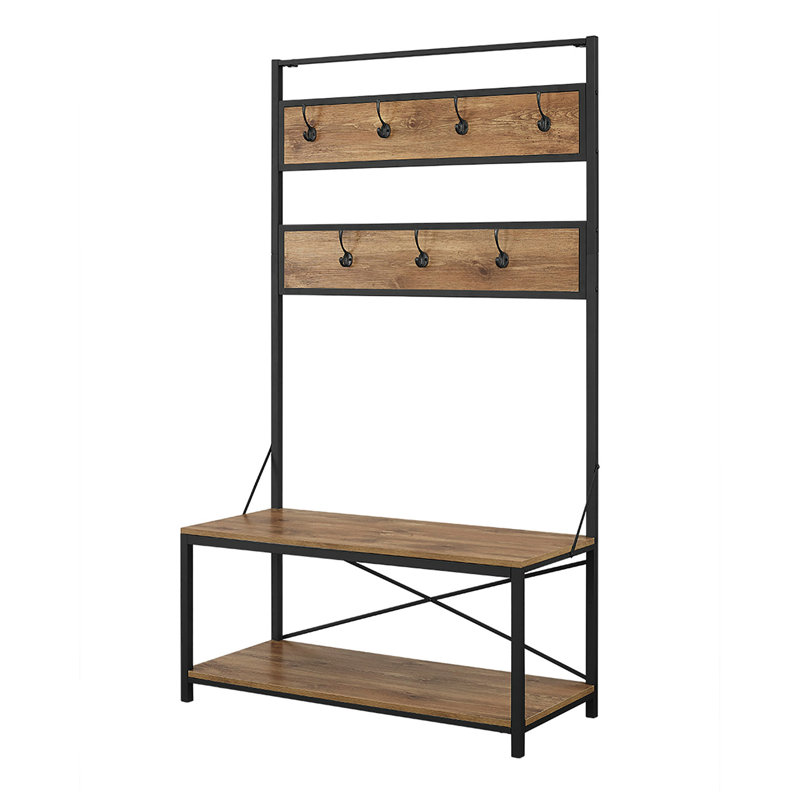 Style industriel et fonction: portemanteau rustique en métal avec dossier en X et banc, Bois de grange