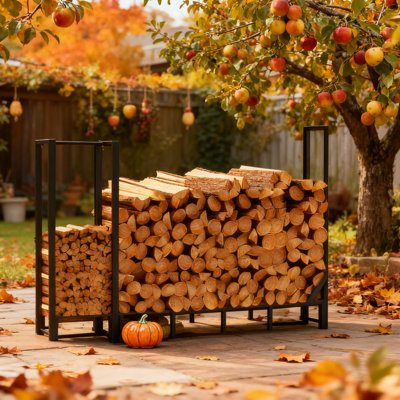 Support à bois de chauffage robuste avec rangement Kindling, support à bûches en métal de grande capacité de 8 pi pour une utilisation intérieure et extérieure, capacité de poids élevée et conception anti-basculement