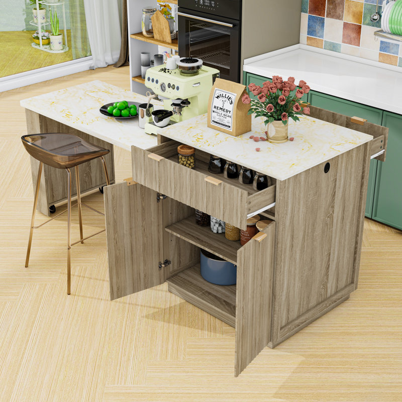 Kitchen Island with Extendable Dining Table for 4-6, Double-Sided Storage, Power Outlet and Drawers, Natural