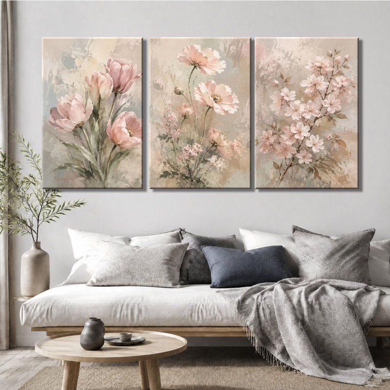 3 panneaux muraux Tulip Poppy Floral, impression sur toile tendue pour le salon, 24 * 36 pouces * 3