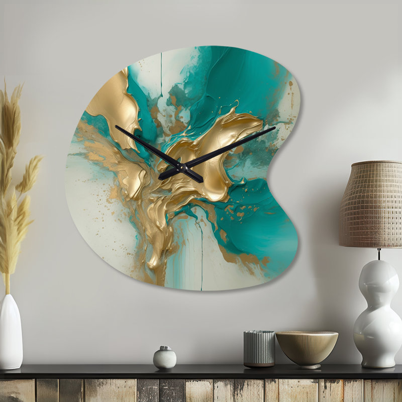 Horloge murale or et turquoise, encre fluide en marbre II - forme unique en métal, horloge murale asymétrique moderne, Petit