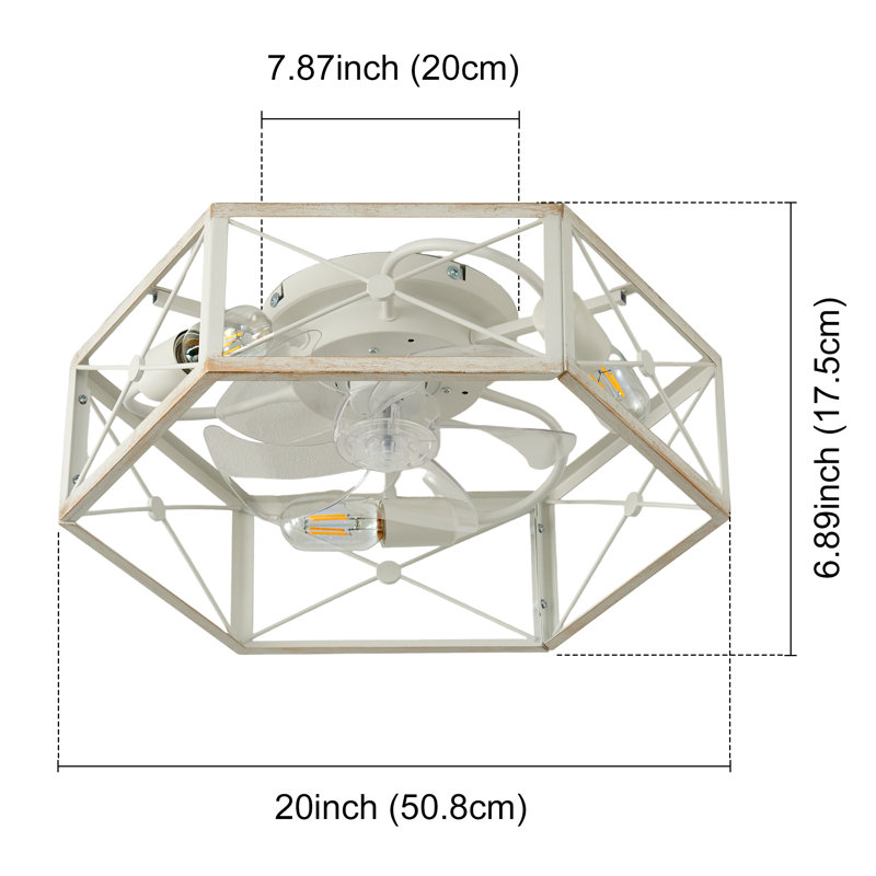 Ventilateur de plafond à cage géométrique blanc de 20 po avec éclairage, ventilateur de ferme encastré encastré, pales réversibles et télécommande pour cuisine de chambre à coucher