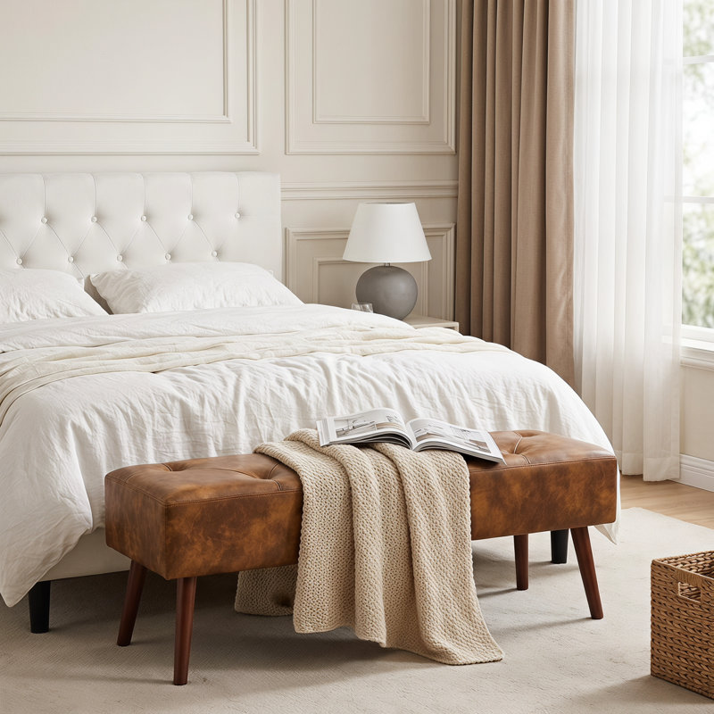 Sveina Faux Leather Upholstered Bench, Dust Yellow-Faux leather