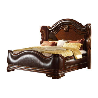 Traditional Wood King Bed, Upholstered Headboard, Dark Cherry Finish, Transitional Design, Marble Accents On Bedroom Furniture, Three Drawer Storage Size Walnut Topped Items, Drawers For Nightstand