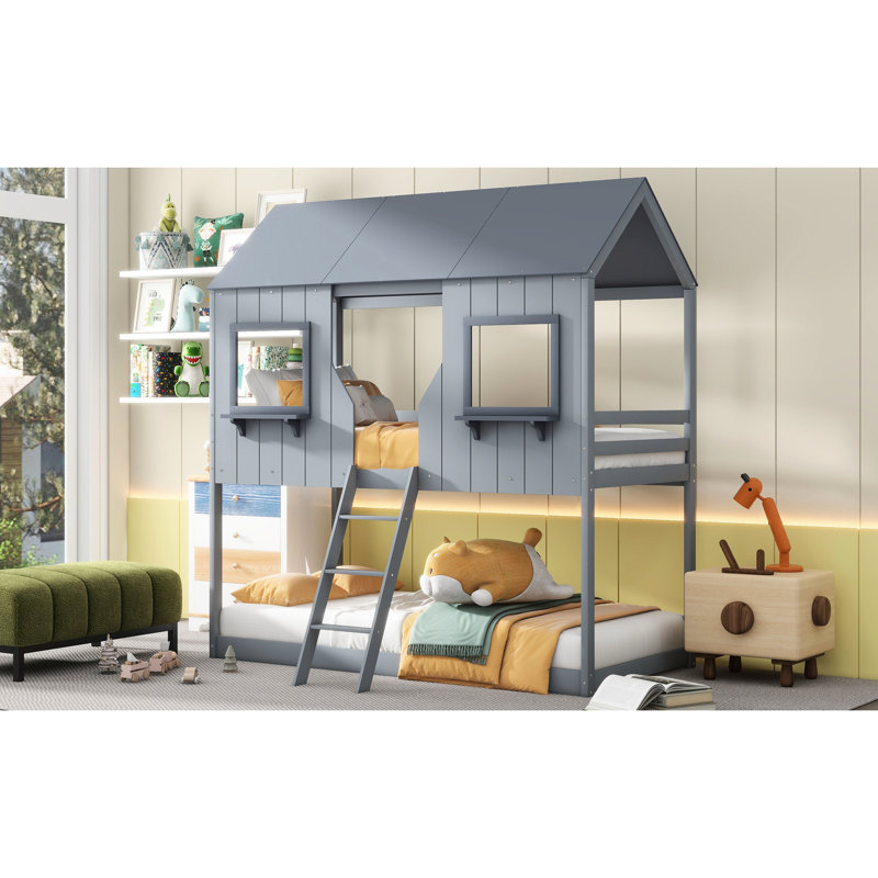 Gray Twin Over Bunk Bed With Front Windows - Enhance Natural Solid Wood Stable Construction