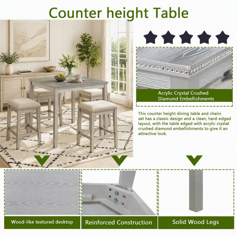 Table carrée à hauteur de comptoir 34,5 pouces avec détails en cristal, Gris argenté