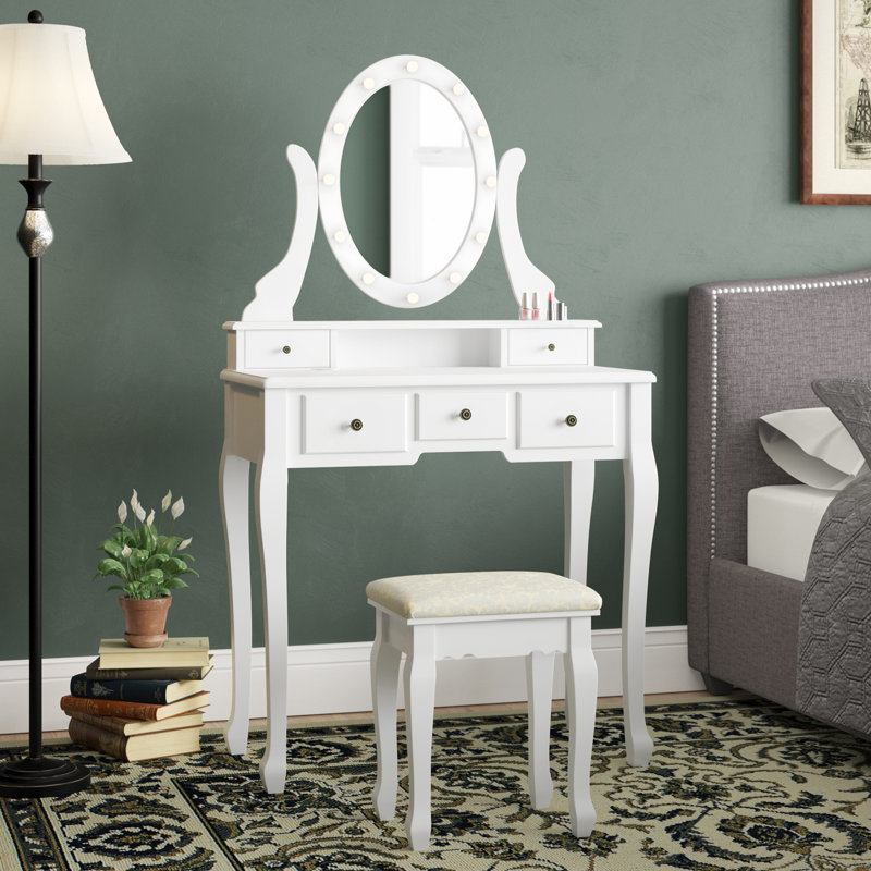 Ensemble coiffeuse avec miroir 5 tiroirs Oldfield, blanc