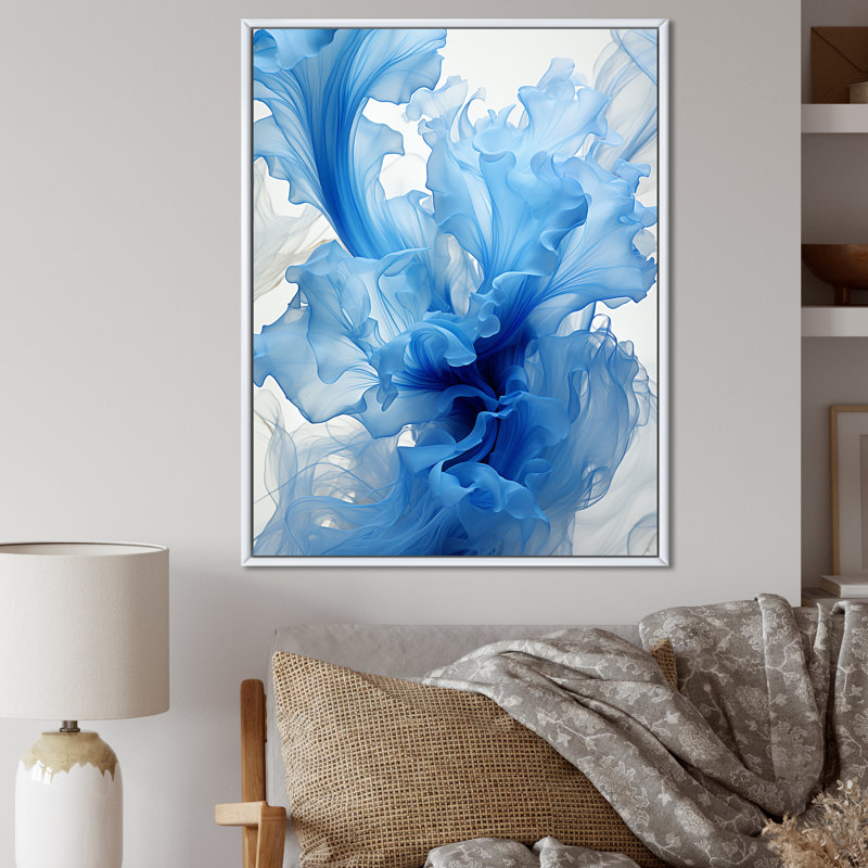 Encre liquide abstraite, encre liquide bleue, H 40 po x l 30 po x P 1,5 po, Cadre flottant blanc