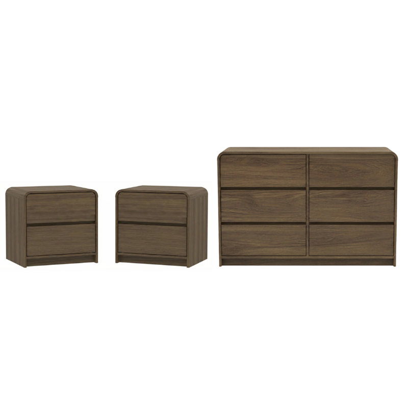 Rishel Modern 3 Pieces Bedroom Set, 3 Pcs: Dresser 6, 2 Nightstands