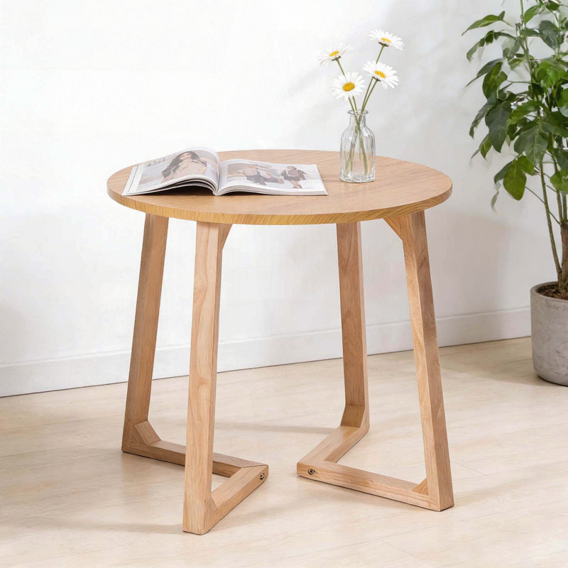Table de bout ronde de 24 po avec pieds en forme de V - Bois massif moderne Mid-Century