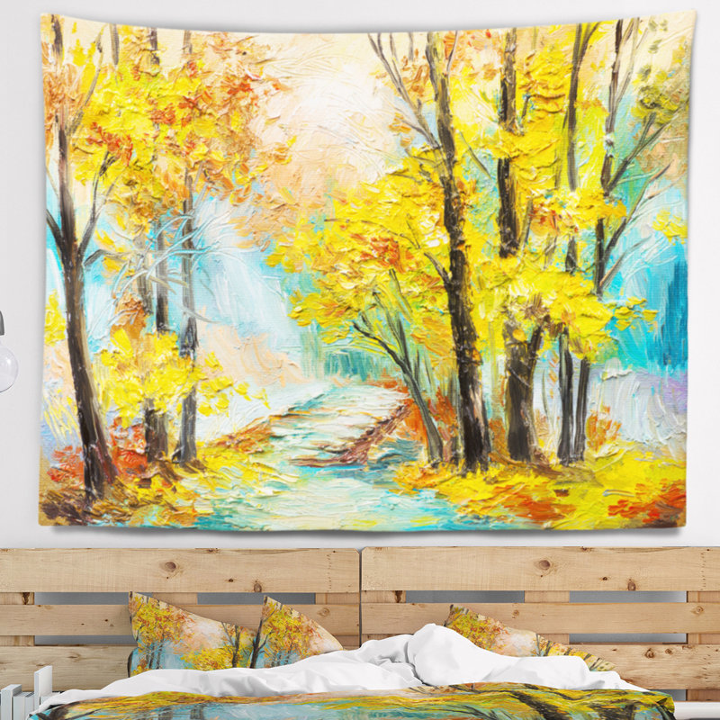 Tapisserie de forêt tombant jaune de paysage, H 32 po x l 39 po