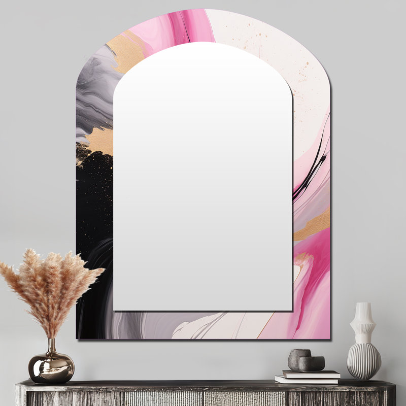 Wild Promises Abstract - Vague dorée abstraite rose - Miroir décoratif en forme d'arche abstraite sur métal, 43 po x 33 po