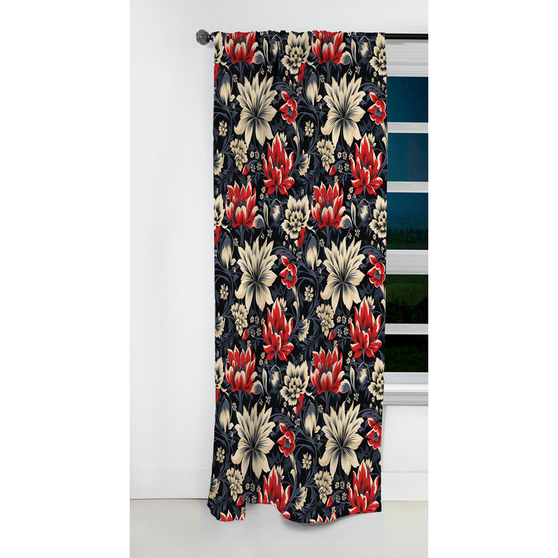 Motif floral damassé rouge et beige - 1 rideau occultant en velours damassé, L 52 po x L 108 po