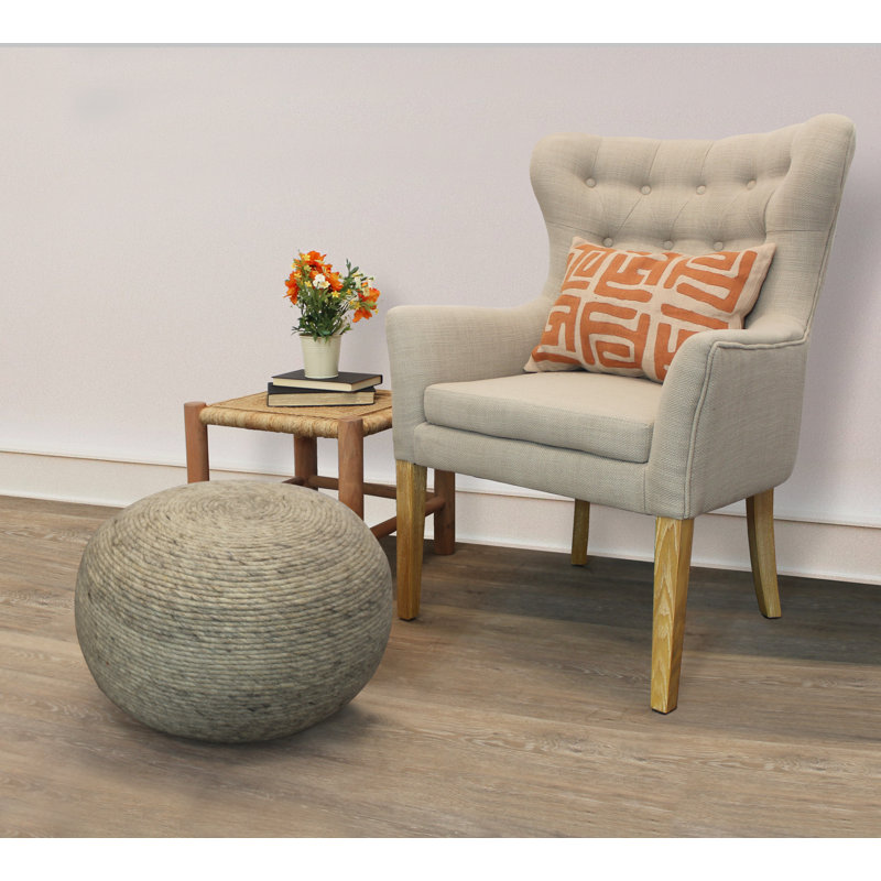 Ivory Round Wool Pouf with Polyester Fill